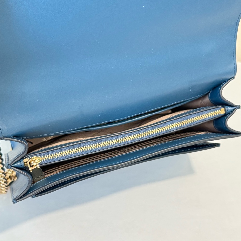 Michael Kors Jade Gusset Leather Shoulder Bag Blue Gold Chain Crossbody Shoulder - Picture 14 of 16